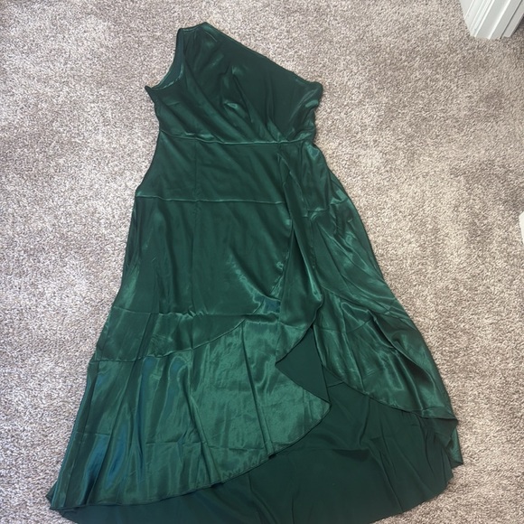 Dark Green Satin Split High Low Ruffle Cocktail One Shoulder Dress Size XL NWOT - Picture 4 of 9